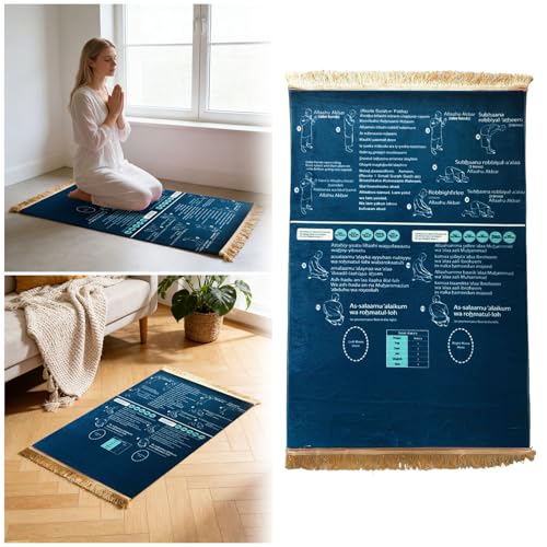 Bilingual Guided Prayer Mat with English Reading & Arabic Recitation Guide, Non-Slip Salah Prayer Mat with Instructions for Prayer Learning, Meditation (Blue, 80x120cm)