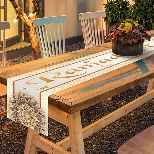 Ramadan Mubarak Table Runner - White & Gold Silk, 13.8x71 inches - size: White Ramadan Mubarak