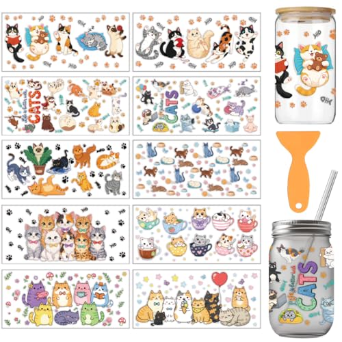 arricraft 10 Sheets Cartoon Cat UV DTF Cup Wrap for 16OZ Glass, Many Cats in Various Poses Paw Print Fish Bone Rub on Decals PVC Transfer Stickers for DIY Cups Window Home Printing Decoration 24x11cm - style: Cartoon Cat Theme