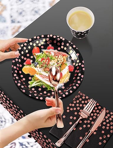 Nkaiso 141Pcs Black Rose Gold Paper Plates and Napkins Party Supplies for20 - color: Black and Rose Gold