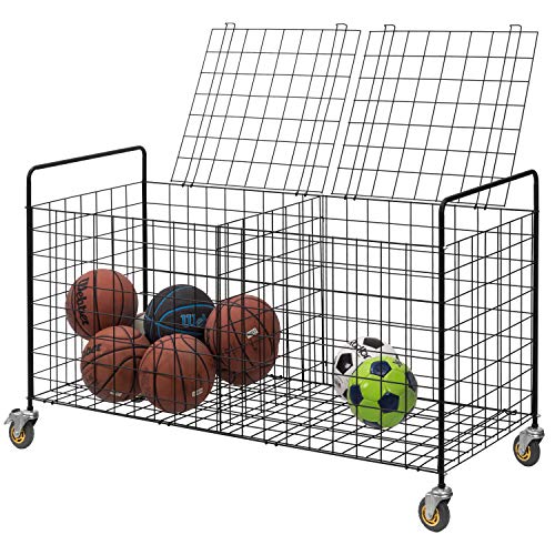 MyGift X-Large Capacity Black Metal Sports Ball Storage Rolling Cart | Gym Balls and Equipment Cart with 2 Compartments, Lock Latch & Heavy-Duty Locking Caster Wheels