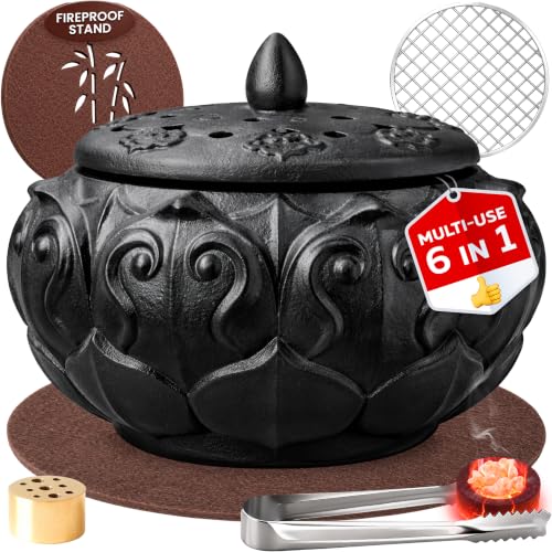 Large Incense Burners for Resin, Frankincense & Bakhoor – Heat-Resistant Ceramic Incense Burner kit for Charcoal Disk, Sticks & Cones with Mess-Free Ash Catcher for Home Fragrance, Relaxation Use - color: Black