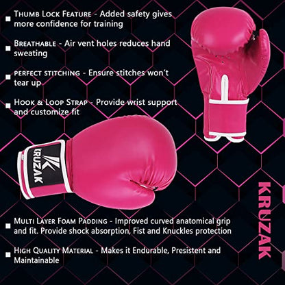 Kruzak Plain Boxing Gloves for Sparring, Kickboxing, Muay Thai, Martial Arts & MMA Fighting - Men & Women Punch Bag Mitts Training and Focus Pads Punching - color: Pink, size: 10 oz