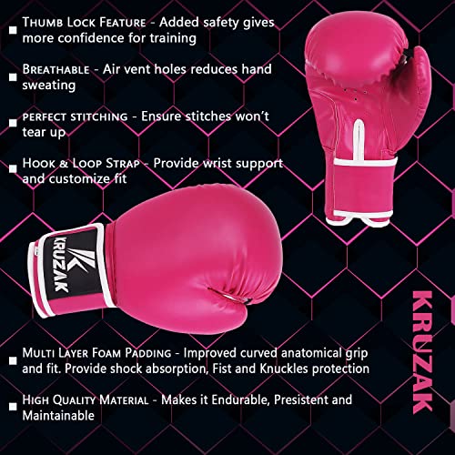 Kruzak Plain Boxing Gloves for Sparring, Kickboxing, Muay Thai, Martial Arts & MMA Fighting - Men & Women Punch Bag Mitts Training and Focus Pads Punching - color: Pink, size: 12 oz