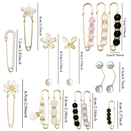15PCS Pearl Brooch Safety Pins, Pant Waist Tightener Sharp Pins for Sweater Shawl Collar Dress Cardigan Shirt Jeans Clothes Accessories Decoration for Women - style: Chic