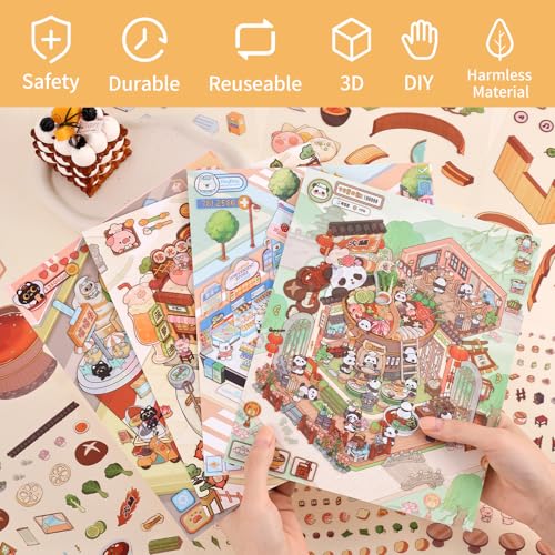Girls 3D Miniature Scene Stickers, 4 Sets Mini Stores DIY House Stickers for Burger, Hot Pot, Convenience Store, Breakfast, Cute 3D Cartoon Scene Stickers for Adult Kids Relief Stress Pass The Time - style: Opening Stores