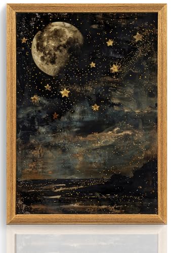 ICHZUMW Framed Moon and Stars Celestial Vintage Canvas Wall Art 16x24 In - color: Moonlit Stars, size: 24"L x 16"W