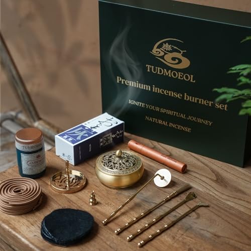 Powder Incense Burner Kit with Brass Censer, Incense Ash Tools and Mold Press Set, Complete Gift Box for Meditation, Yoga and Home Relaxation - color: Copper