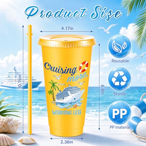 Chuangdi 12 Pcs Cruise Ship Gifts Bulk Nautical Birthday Party Favors 24 oz Funny Cruise Tumbler with Lid and Straw, Reusable Plastic Beach Travel Cups for Sailor Carnival Nautical Party Supplies - style: Cruise Theme