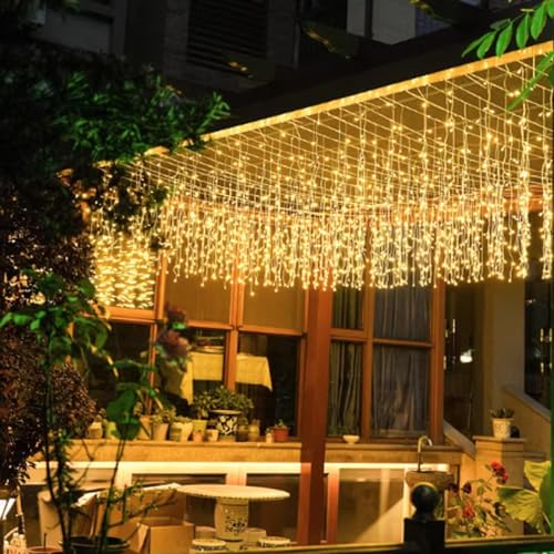 LED Icicle Lights, 8 Modes 19.7FT 150 LEDs Christmas Short Curtain Fairy Hanging Ceiling Extendable Lights for Wedding Balcony Doorway Outdoor Indoor Decoration Warm White, 6M05 - size: 19.7FT