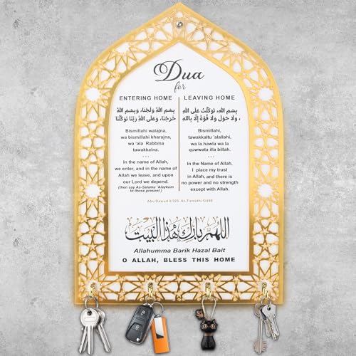 Ohmique Islamic Wall Decor Key Holder - Islamic Wall Art Decor, Unique Muslim Gifts for Women Men Muslim Decor for Home, Gold Ramadan Decoration Key Organizer Hanger Housewarming Gift for Living Room - color: White