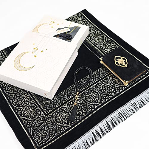 IEF Muslim Prayer Rug Islamic Prayer Mat Quran Prayer Beads Gift Set, Ramadan Eid Gifts, Birthday Gifts for Men, Fathers Day Gift, Velvet Prayer Rug Arabic Quran Pearl Tasbeeh - color: Black with Bag