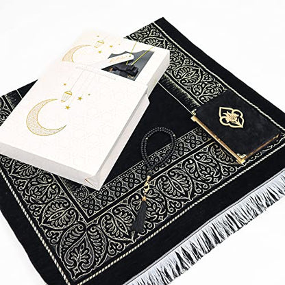 IEF Muslim Prayer Rug Islamic Prayer Mat Quran Prayer Beads Gift Set, Ramadan Eid Gifts, Birthday Gifts for Men, Fathers Day Gift, Velvet Prayer Rug Arabic Quran Pearl Tasbeeh - color: Black with Bag