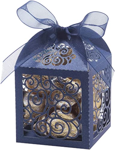 KPOSIYA 70 Pack Wedding Favor Boxes Laser Cut Boxes Party Favor Box Small Gift Boxes Lace Candy Boxes for Wedding Bridal Shower Baby Shower Birthday Party Anniverary with Ribbons (Navy, 70) - color: Navy 70