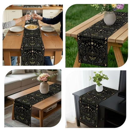 Whimsical Lunar Table Runner Butterfly Floral Moonphases Quartzcrystals Black Kitchen Table Runner for Dining Room Home Party Decor 13x108 Inch - size: 13"W x 108"L (Pack of 1)