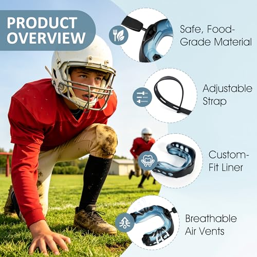 Football Mouth Guard, 2Pack Youth Mouth Guard Soft Mouthpiece with Case, Professional Sports MouthGuard for Boxing, Hockey, Basketball, Lacrosse(Black&Blue)