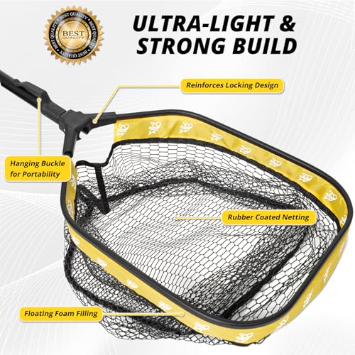 Floating Fishing Net for Fly Fishing, Foldable Landing Net | 31.2" Length, 15"x11.8" Hoop, Fish Net with Rubber Coated Polyethylene Mesh for Bass, Trout, Kayak & Boat Fishing - color: Yellow