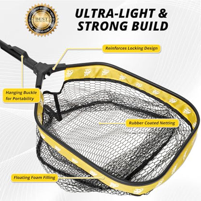 Floating Fishing Net for Fly Fishing, Foldable Landing Net | 31.2" Length, 15"x11.8" Hoop, Fish Net with Rubber Coated Polyethylene Mesh for Bass, Trout, Kayak & Boat Fishing - color: Yellow