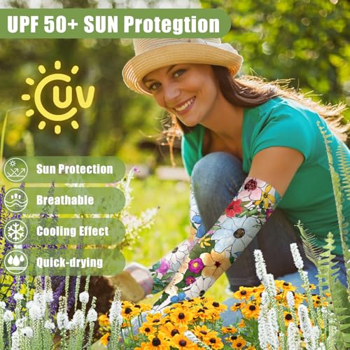 Bebila Gardening Sleeves for Women Farm UV Sun Protection Anti-Scratch Cooling Sleeves with Thumb Hole Arms Cover Outdoors - color: Multi Flowers