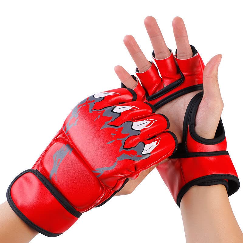MMA Gloves, Half-Finger Boxing Fight Gloves MMA Mitts with Adjustable Wrist Band UFC Gloves for Sanda Sparring Punching Bag Training (One Size Fits Most) - color: Tiger claws red