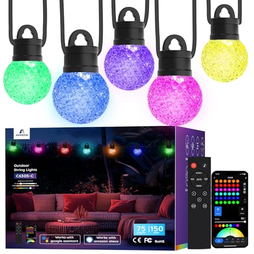 APPECK Smart Outdoor String Lights 150ft, RGBW Patio Light with 75 LED Bulb - size: 150FT