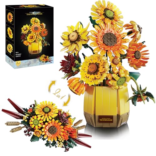 2 in 1 Sunflower Building Blocks Set for Adults - 1328 Pcs Artificial Flower Bouquet Model Kit with Vase, DIY Craft Hobby Home Decor Table Centerpiece, for Women Her - color: Yellow
