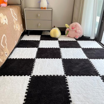 12pcs Carpet Squares Puzzle Floor Mat, Plush Interlocking Carpet Tiles, Anti Slip EVA Foam Jigsaw Floor Tiles, Build A Safe Area for Bedroom Playroom (White+Black) - color: White+black
