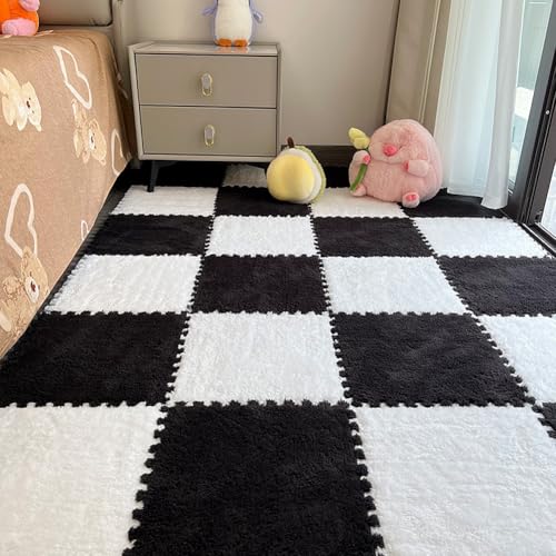12pcs Carpet Squares Puzzle Floor Mat, Plush Interlocking Carpet Tiles, Anti Slip EVA Foam Jigsaw Floor Tiles, Build A Safe Area for Bedroom Playroom (White+Black) - color: White+black