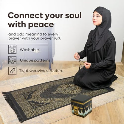 Taffeta Muslim Prayer Rug Set with Holy Quran & Kaaba Cubic Box | Lightweight Taffeta Rug, Kaaba Motif Holy Quran, Cubic Gift Box, 99 Prayer Beads, Islamic Janamaz Sajada, Eid Ramadan Gift - color: Prayer Rug/Holy Quran/Tasbih