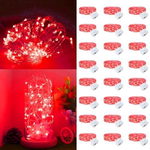 24 Pack Fairy Lights Battery Operated, 7ft 20 LED 3 Modes Speed Twinkle Mini String Lights Waterproof Silver Wire Firefly Starry Lights for Mason Jars Wedding Party Christmas Decorations - color: Red, size: 24 Pack