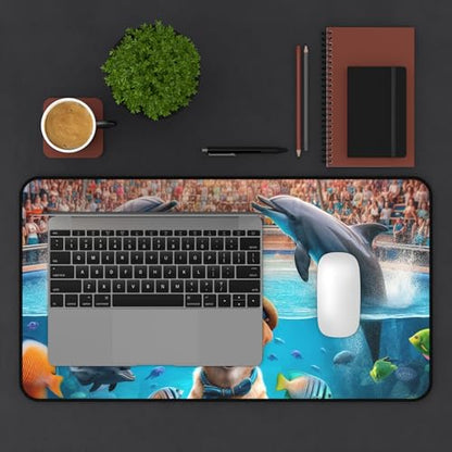Dog Training Dolphins at an Aquarium - Vibrant Colors Rubber Base Smooth Surface Premium Desk Mat - size: 12" × 22"