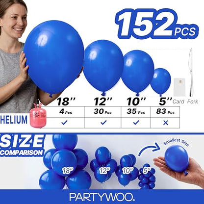 PartyWoo 로열 블루 풍선 152피스 다양한 사이즈 팩 45.7cm(18인치), 30.5cm(12인치), 25.4cm(10인치), 12.7cm(5인치) 다크 블루 풍선 아치 키트, 베이비 샤워, 성별, 졸업 해저 생일 파티 장식, 블루-Y59 - color: 블루-y59