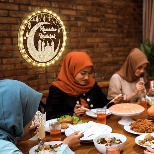 ROCEEI 3D 9.45" Ramadan Mubarak LED Window Lights Moon and Star Hanging Ornament with Suction Cup Ramadan Lights Decorations Indoor Outdoor Battery Operated for Bedroom Holiday Party