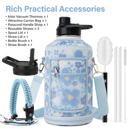 DYSANKY Water Bottle Gift– 64 oz Insulated Stainless Steel Bottle with Carrier Bag, Strap & Gift Box – BPA-Free – Ideal for Hiking, Camping & Travel - Blue Flower 64 oz - color: Blue Flower, size: 64 Ounces