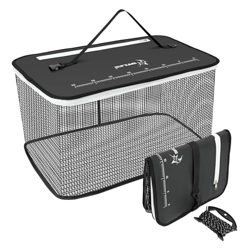 SANLIKE Floating Collapsible Fish Basket Live Minnow Storage Cage | Thick buoyant, rubber coated mesh, foldable compact storage, matched long draw rope for shore & boat angling 24L/40L/59L - color: S-24L-Black