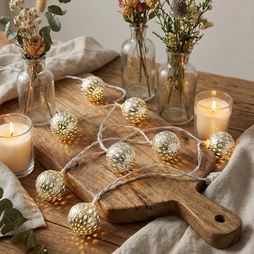 8.5Ft LED Moroccan Style String Lights Plug in, Outdoor Ramadan Decorations String Lights with 10 Silver Metal Ball Lights, Hanging Warm White Globe Fairy Lights for Ramadan Day Wedding Party Home - color: Metal Ball