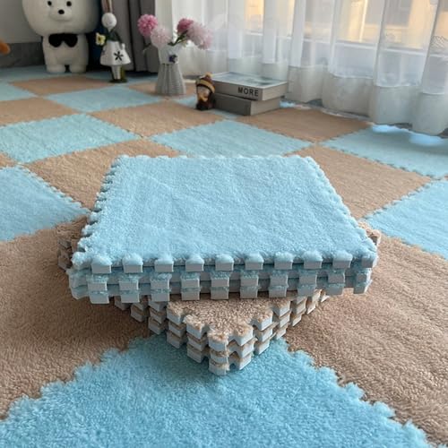 12 PCS Thickened Plush Interlocking Floor Mat Fluffy Square Tiles with 16 Edgings Soft Anti-Slip Puzzle Area Rug for Room (Sky Blue) - color: Sky Blue