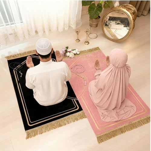 Drydiet 2 Pcs Muslim Couple Prayer Rug Set Heart Design with 2 Pcs Prayer Beads Islamic Muslim Gift Black and Pink Travel Mat Soft Velvet Mat for Couple Women Men Ramadan Eid Wedding Birthday - color: Black and Pink