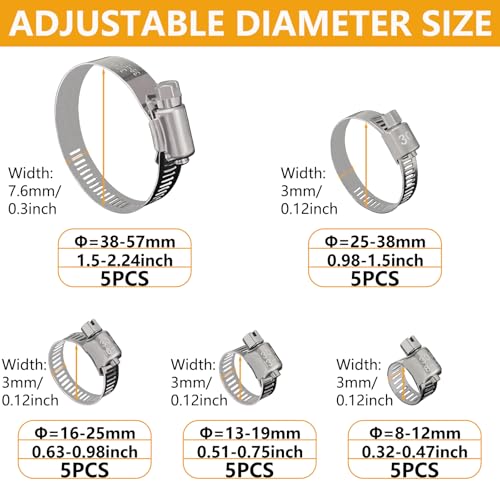 25 Pack Stainless Steel Hose Clamps Assortment Kit, Adjustable 8-57mm Worm Gear Hose Clamp Heavy Duty Duct Pipe Clamp for Plumbing, Fuel Line, Radiator, Mechanical, Automotive Application, Industrial - size: 25 Pcs Kit - Hose Clamp (8-57 mm)