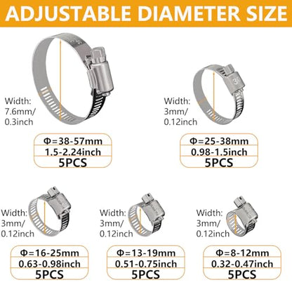 25 Pack Stainless Steel Hose Clamps Assortment Kit, Adjustable 8-57mm Worm Gear Hose Clamp Heavy Duty Duct Pipe Clamp for Plumbing, Fuel Line, Radiator, Mechanical, Automotive Application, Industrial - size: 25 Pcs Kit - Hose Clamp (8-57 mm)