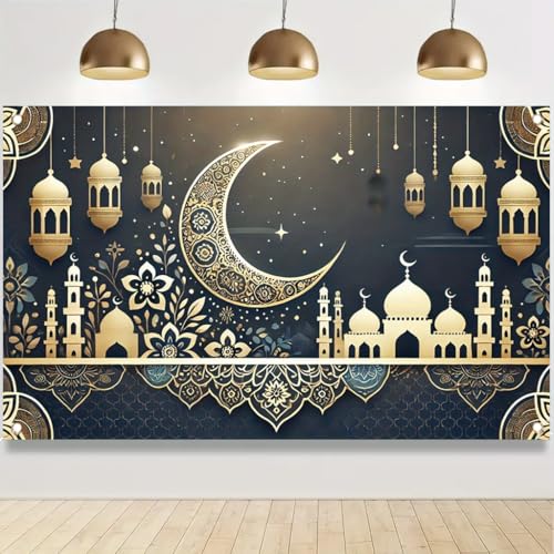 Eid Mubarak Banner 71x43 Inch Crescent Moon Mosque Lantern Gold Islamic Theme Ramadan Party Decoration Wall Hanging Indoor Outdoor - color: Style 5