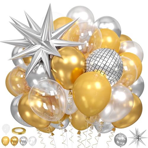 60pcs Gold and Silver Balloons, Metallic Pearl Silver Gold Balloons Clear Balloon Disco 4d Ball Star Foil Balloon For New Year Birthday Baby Shower Party Wedding Anniversary Bridal Shower Decorations - color: Silver Gold