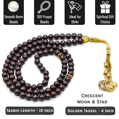 Amazing Gemstone Crystal Tasbeeh with Moon and Star Charm - Certified Crystal Muslim Prayer Beads Natural Gemstone Tasbih Gift for Ramadan Dhikr and Daily Namaz (G) - color: Garnet