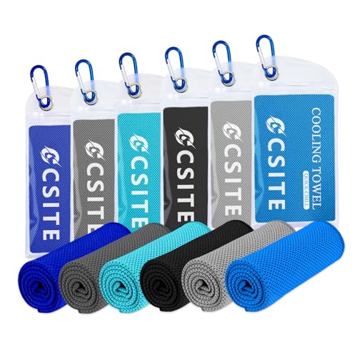 CSITE 6 Pack Cooling Towels (47"x12") for Neck and Face, Ice Towel for Hot Weather, Soft Breathable Chilly Gym Towels, Microfiber Towel for Work Out, Yoga, Running, Camping & More Activities - color: Light Blue/Dark Blue/Dark Gray/Lake Blue/Gray/Blue