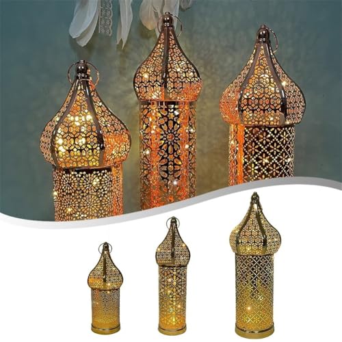 for Moroccan Golden Hollow Iron Lantern for Ramadan Home Decoration, Battery-Operated Light Ornament for Eid, Weddings, Festivals, Tabletop Use, Gold