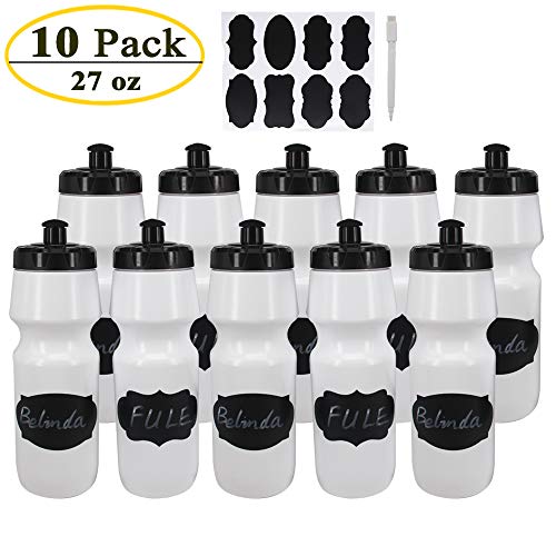 10 Pack 27 oz Sports Water Bottles Sports and Fitness Squeeze Water Bottles BPA Free come with 16 pcs Chalk Labels, 1 Pen - size: 27oz 10pack(White)
