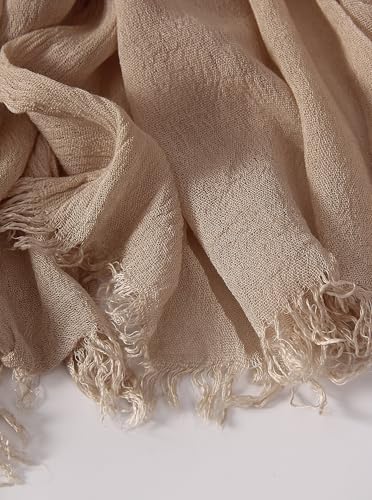 Cotton Linen Plain Hijab Scarf For Women,Muslim Viscose Crinkle Edge With Fringe,Summer Beach Wrap Headwraps Shawl - color: 21#beige