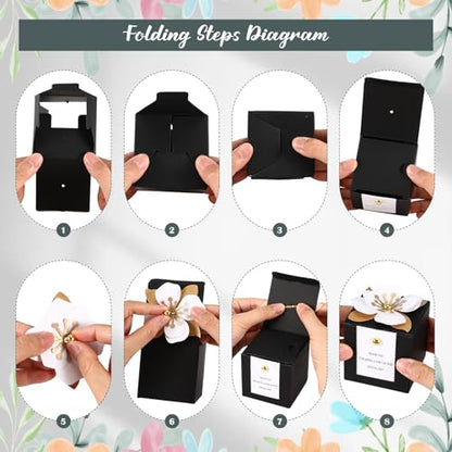 Affrolling 50 Pcs Wedding Favor Boxes with Thanks Card Square Flower Candy Boxes Paper Bridal Gift Box for Guests Wedding Bridal Shower Birthday Party Anniversary(Black) - color: Black