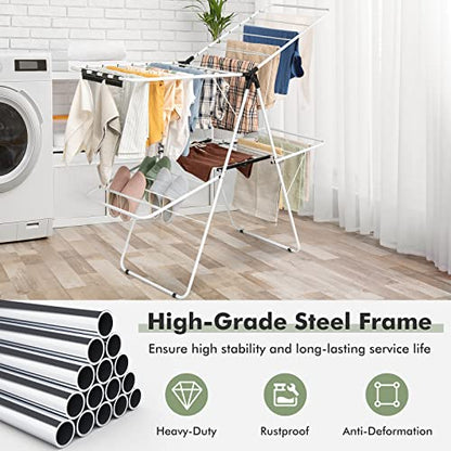 GOFLAME 2-Tier Clothes Drying Rack, Folding Laundry Dry Rack with Adjustable Supporting Bar, 26 Premium Clips, Space-Saving & Collapsible Laundry Hanger for Easy Storage, No Assembly Needed - size: 60.5” x 22” x 35.5”