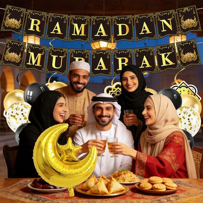 Ramadan Decorations for Home, 27PCS Black and Gold Ramadan Mubarak Banner, Hanging Swirls, Moon and Star Balloon for Muslim Islamic Eid Mubarak Festival Al-Fitr Iftar Party Favors Supplies